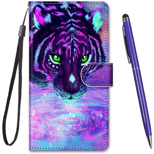 KAL-Coque Pour Huawei P10 Lite,Coque Cuir Pu Portefeuille À Aimant Colourful Design Coque Rabat Portefeuille [Créatif Peint] Étui Pour Huawei P10 Lite (Tigre Violet)