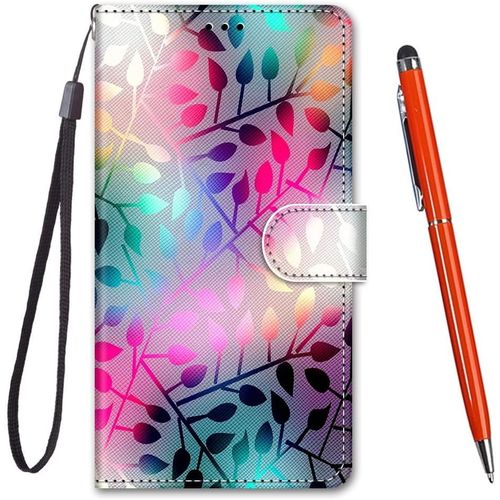 KAL-Coque Pour Huawei P9 Lite,Coque Cuir Pu Portefeuille À Aimant Colourful Design Coque Rabat Portefeuille [Créatif Peint] Étui Pour Huawei P9 Lite (Feuilles Colorées)