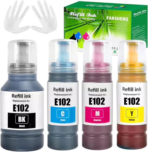 102 Encre Compatible Avec Epson 102 Bouteille D'Encre Multipack Pour Et-2856 Et-4856 Et-2850 Et-15000 Et-2700 Et-2750 Et-2751 Et-2756 Et-2851 Et-3700 Et-3750 Et-4750 Et-4850 (4-Pack,Bk C M Y)