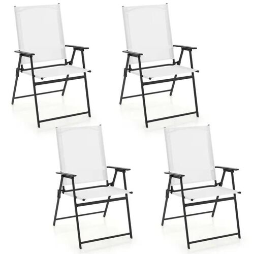 Costway Lot De 4 Chaises Pliantes De Jardin, Tissu Résistant Aux Intempéries, Accoudoirs, Pour Jardin, Cour Arrière, Piscine, Blanc