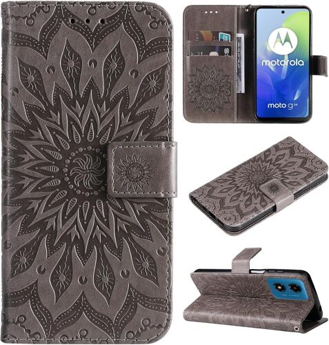 KAL-Coque Pour Motorola Moto E14 / G24 / G04, Pu Cuir Housse Tpu Flip Portefeuille Etui Avec Carte Fente & Stand Fonction & Motif Relief, Magnétique Protection Case Cover, Gris