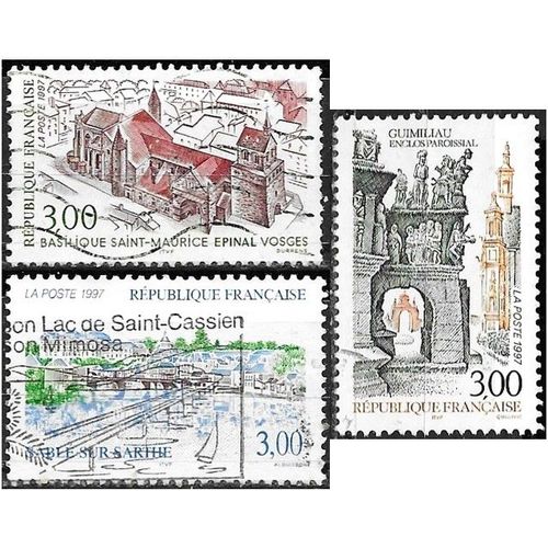 France 1997, Beaux Timbres Yvert 3080 Guimiliau - Finistère, 3107 Sablé Sur Sarthe Et 3108 Basilique Saint-Maurice À Epinal - Vosges, Oblitérés, Tbe.