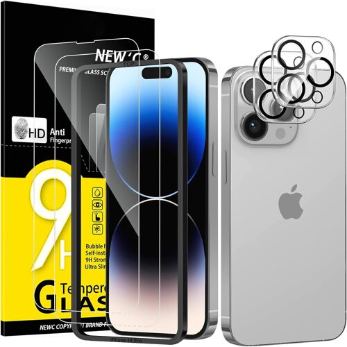 KAL-Kit De 4, 2 X Verre Trempé Pour Iphone 14 Pro (6,1 Pouces) Et 2 X Protection Caméra Arrière - Kit Outil D'Installation Facile - Anti Rayures - Ultra Résistant-Hd Transparent