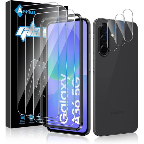 CAUC-3 Pièces Protection Verre Trempé pour Samsung Galaxy A36 5G avec 3 Pièces Caméra Arrière Protection Accessoire, Ultra Résistant Film Protection écran, Sans Bulles, Dureté 9H Glass