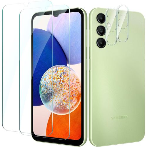 2 Pièces Protection Écran Verre Trempé Pour Samsung Galaxy A14 Avec 2 Pièces Protecteur D'objectif De Camera Arrière, Vitre Protection Film Dureté 9h Glass, Sans Bulles, Anti Rayures