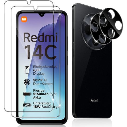 CAUC-2 Pièces Verre Trempé pour Xiaomi Redmi 14C/ Poco C75,2 Pièces Caméra Arrière Protecteur (Noire),9H Dureté Anti-Rayures Vitre Trempé,HD Sans Bulles Ultra Résistant Protection écran