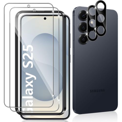 CAUC-2 Pièces Verre Trempé pour Samsung Galaxy S25, 2 Pièces Caméra Arrière Protecteur (Noire), 9H Dureté Anti-Rayures Vitre Trempé, HD Sans Bulles Résistant Protection écran