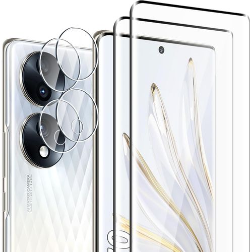 [2+2 Pièces Verre Trempé Pour Honor 70 Et Caméra Arrière Protecteur,Sans Bulles,9h Dureté,Anti-Rayures,3d Couverture Complète,Hd Film Protection Ecran Pour Honor 70