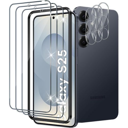 CAUC-3 Pièces Verre Trempé pour Samsung Galaxy S25 5G avec 3 Pièces Caméra Arrière Protecteur, 0.33MM Dureté 9H Film Protection écran en Sans Bulles, Ultra HD Film Vitre Trempé Samsung S25 5G