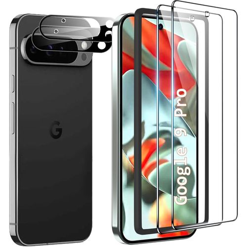 2+2 Pièces Pour Google Pixel 9 Pro Verre Trempé, Protection D'appareil Photo Et Film De Protection De Verre Avec Cadre De Montage, Dureté 9h, Protecteur D'écran Hd Anti-Bulle