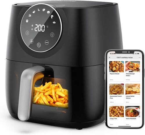 Friteuse À Air Chaud Sans Huile Electrique 5,7L Xxl Air Fryer Avec Fenêtre Visuell 100+Recettes En Line 8 Programmes De Cuisine Température Réglable Cuire Frire Rôtir Griller Pour 2-4 Personnes