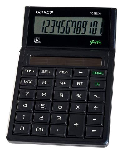 Genie 305 ECO Calculatrice ecologique, uniquement a energie solaire, fabriquee a partir de materiaux recycles, 12 chiffres, noir