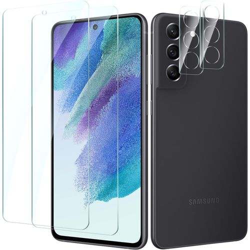 2 Pièces Protection Écran Verre Trempé Pour Samsung Galaxy S21 Fe Avec 2 Pièces Protecteur D'objectif De Camera Arrière, Vitre Protection Film Dureté 9h Glass, Sans Bulles, Anti Rayures