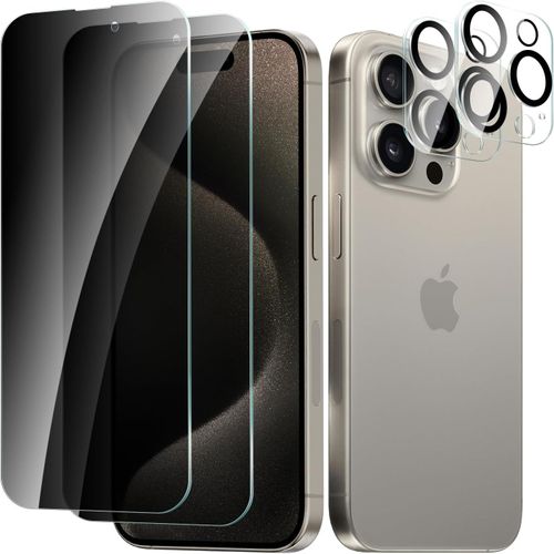 2 Pièces Protection Écran Verre Trempé Pour Iphone 15 Pro Anti-Espion Avec 2 Pièces Protecteur D'objectif De Camera, Vitre Protection Film Dureté 9h Glass, Anti Rayures