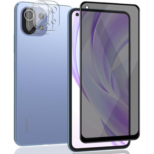 Verre Trempé Anti-Espion 9h Pour Xiaomi Mi 11 Lite ¿ 1 Protège-Écran Confidentialité + 2 Protections Objectif Anti-Rayures