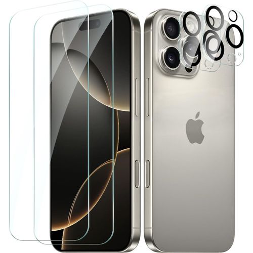 CAUC-2 Pièces Protection Écran Verre Trempé pour iPhone 16 Pro avec 2 Pièces Protecteur d'objectif de Camera Arrière, Vitre Protection Film Dureté 9H Glass, Sans Bulles, Anti Rayures