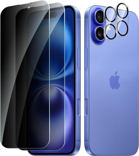 KALANKA-2 Pièces Protection Écran Verre Trempé pour iPhone 16 Anti-Espion avec 2 Pièces Protecteur d'objectif de Camera, Vitre Protection Film Dureté 9H Glass, Anti Rayures