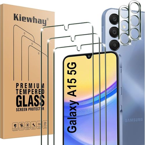 Protection Écran Pour Samsung Galaxy A15 5g Verre Trempé 6,5'', 3x Protecteur D¿Écran + 2x Caméra Arrière Protecteur, [9h Dureté] [Sans Bulles] 99,99% Hd Vitre Trempé - 5 Pièces