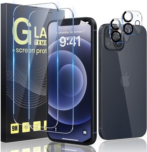 ERSAN-2+2, Verre Trempé pour iPhone 12 6,1"" Kit Outil d'Installation Facile, 2 Protection écran Vitre pour iPhone 12 avec 2 Protection Camera [Facile à Installer] [Sans Bulles]