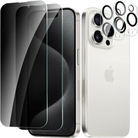 CAUC-2 Pièces Protection Écran Verre Trempé pour iPhone 15 Pro Max Anti-Espion avec 2 Pièces Protecteur d'objectif de Camera, Vitre Protection Film Dureté 9H Glass, Anti Rayures