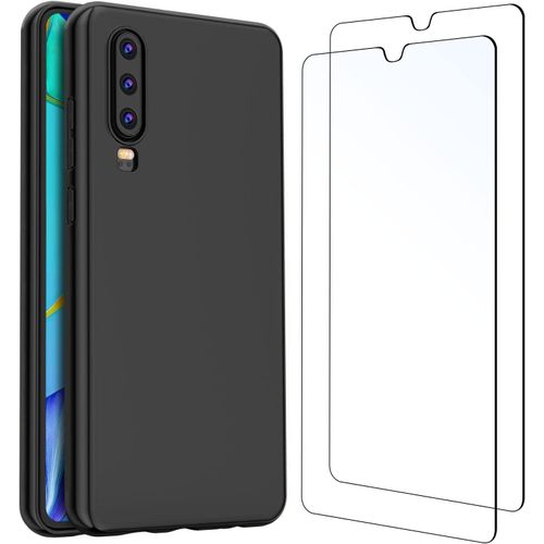 Coque Pour Huawei P30 Silicone Ultra Fine Noir Et 2 × Verre Trempé Film Protection Écran Pour Huawei P30