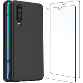 Coque Pour Huawei P30 Silicone Ultra Fine Noir Et 2 × Verre Trempé Film Protection Écran Pour Huawei P30