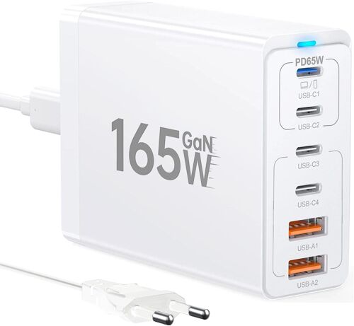 LORANKA-Chargeur USB C 165W, Chargeur USB Multiple [4USB-C + 2USB-A], 65W PD Station de Charge à 6 Ports, Compatible avec iPhone 11/12/13/14/15/16/Galaxy S23/ordinateur Portable/Tablette