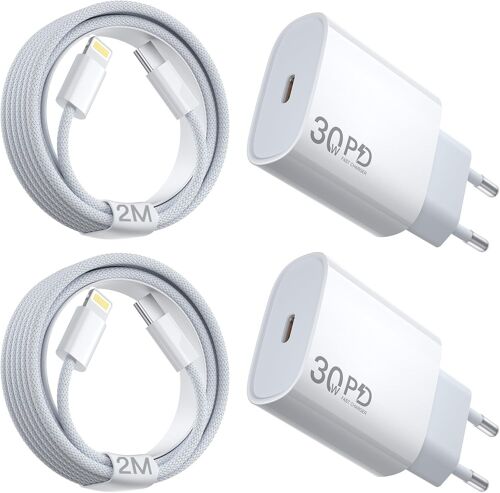 Chargeur iPhone 30 W et câble de charge rapide certifié MFi - Chargeur rapide USB C avec câble de charge iPhone 2 m pour iPhone 14/13/12/11/Pro Max/Mini/SE/Xr/Xs Max/iPad