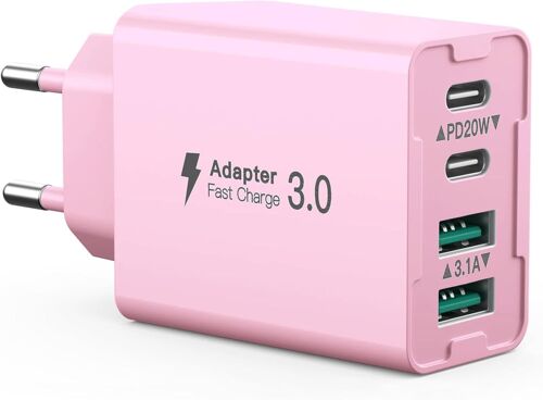 JGD-Chargeur USB C, 40W 4 Port Prise USB C Chargeur Rapide, Multi USB Secteur PD20W + QC 3.1A Type C Adaptateur Compatible avec 11/12/13/14/15 Pro Max Series/Samsung Galaxy S22/S23/S24/Smartphone/Tab