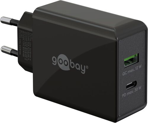 Dual USB-C PD (Power Delivery) Schnellladegerät (30 W) / Quick Charge Netzteil für Iphone, Samsung, Huawai / Handy Ladegerät / Ladeadapter für die Steckdose / schwarz
