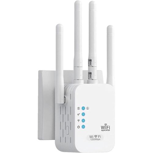 WiFi Repeater 1200 Mbps 5G + 2.4G Dual Frequency Amplifier WiFi Signal Booster, 4 Antennas, 2 RJ45 Ports, Repeater/Router/AP, WiFi Extender Coverage 200 m² for Home and Outdoor