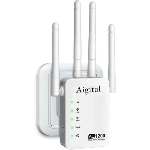 Powerful WiFi Repeater, WiFi Amplifier 1200Mbps Dual Band 5GHz/2.4GHz, WiFi Repeater 4 Antennas, 2 WAN/LAN Ports, 802.11AC WiFi Extender Compatible with Internet Boxes