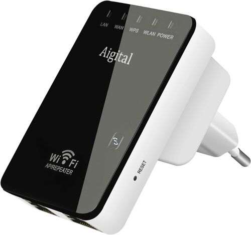 WiFi Repeater WiFi Amplifier 300Mbps 2.4GHz, Mini WiFi Extender, WiFi Booster, Remove Dead Zones, Internal Antennas, 2 Ethernet Ports, WPS, Compatible with All Internet Boxes