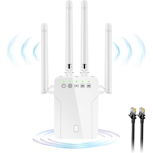 Powerful WiFi Repeater 1200Mbps Dual Band WiFi Amplifier 5GHz&2.4GHz WiFi Extender, WiFi Booster with 2 LAN Ports, Repeater/Client/AP Modes, WPS, RJ45 Network Cable, Compatible with All Routers