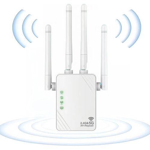 WiFi Repeater WiFi Amplifier White 1200Mbps Dual Band 2.4G/5G, Wi-Fi Signal Amplifier, 2 LAN/WAN Ports, 4 Antennas, WiFi Extension for Home and Office, Repeater/Router/AP