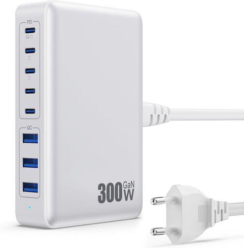 300W Chargeur USB C avec 8 Ports GaN ¿ Tech, 100W Chargeur Rapide PD QC PPS Prise USB C Multiple Station de Charge Compatible avec MacBook Pro/Air Laptop, iPhone, iPad Pro, Galaxy, SteamDeck-Blanc