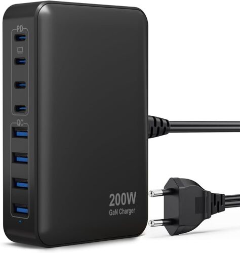 JGD-200W Chargeur USB C, Chargeur Rapide avec GaN Tech, 8 Ports PD QC 3.0 Prise Multiple, 65W Adaptateur Chargeur Laptop Compatible avec MacBook Pro/Air/Pixelbook/ThinkPad/Galaxy/SteamDeck/Tablette