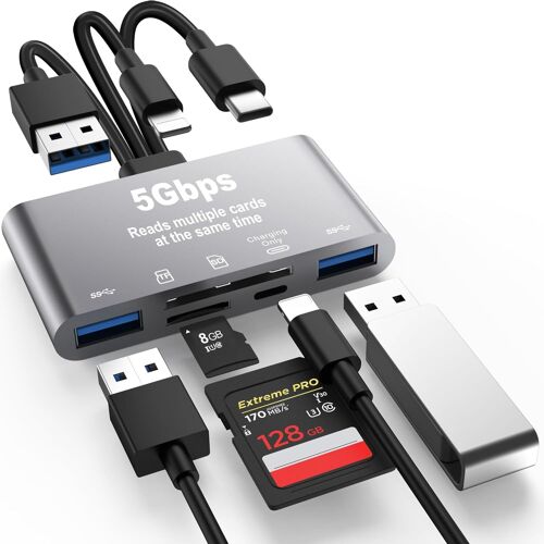 Lecteur de Carte SD 5 en 1,Adaptateur USB 3.0 Haute Vitesse en Aluminium pour téléphones/Pad appareils USB C et USB A avec emplacements pour Cartes Micro SD et SD