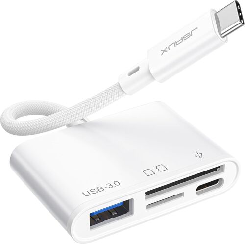 USB C SD Card Reader with USB 3.0 Port & Charge, 4 in 1 Micro SD Card Adapter USB C 5Gbps Compatible with iPhone 16/15 Pro Max, iPad, MacBook Pro/Air, Galaxy S24 Ultra - White