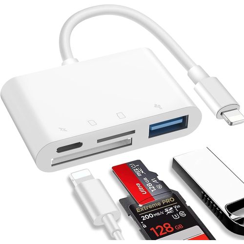 SD Card Reader for iPad, 4 in 1 SD/Micro SD Card Reader for iPhone with Charging Port, USB Port, SD/TF Memory Card Reader, Camera Card Reader Adapter for iPhone