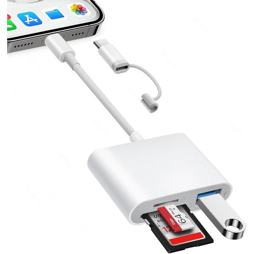 Lecteur Carte SD pour iPhone/iPad/MacBook/Mac/Caméra (Port Lightening et Port USB C), SD Card Reader avec 3 Fentes, CarteSD et Micro SD et Fente USB, Adaptateur Carte SD, Plug and Play