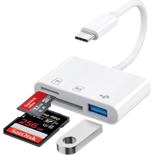 Lecteur de Carte SD USB C, USB-C vers Lecteur de Carte mémoire SD/Micro SD/USB Adaptateur Cartes SD USBC Lecteur Carte pour iPhone 16/15/iPad/Samsung/Caméra