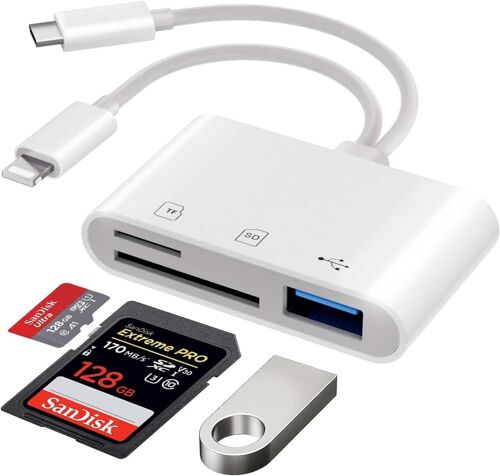 Lecteur de carte SD pour iPhone, lecteur de carte SD 3 en 1 avec USB-C + Lighting, lecteur de carte Micro SD, adaptateur de carte mémoire pour iPhone, appareil photo, lecteur de carte mémoire,
