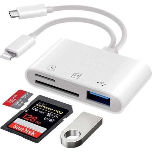Lecteur de carte SD pour iPhone, lecteur de carte SD 3 en 1 avec USB-C + Lighting, lecteur de carte Micro SD, adaptateur de carte mémoire pour iPhone, appareil photo, lecteur de carte mémoire,