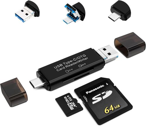 SD Card Reader, 5-in-1 Micro/USB C/USB 2.0 Portable Dual Slot OTG Adapter SD Memory Card Reader for TF SDXC Micro SD Micro Compatible with Laptop, Galaxy