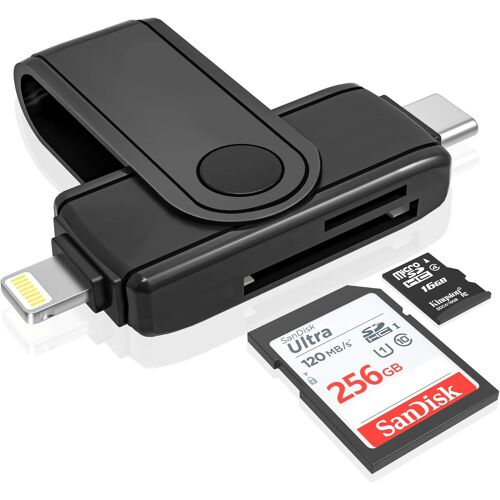 USB C Lightning Card Reader for iPhone 16/15 Pro Max iPad Pro/Air/MacBook Pro Air/Android/Tablets/Laptops (Read 2 Cards at the Same Time), SD Card Adapter for Micro SD/SD Card/TF