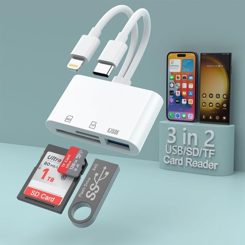3 in 2 SD Memory Card Reader for iPhone iPad, Lightning Connector+USB C to SD TF Adapter Memory Micro SDXC, SDHC, Disk, Camera, Mouse for iPhone15/iPad/MacBook/Samsung