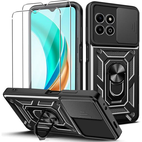 KAL-Coque Pour Honor X6B Avec 2 Pièces Verre Trempé, Housse De Protection Militaire Anti-Rayures + Support Métallique Rotatif À 360°, Antichoc Coque Avec Lentille Coulissante Couverture, Noir
