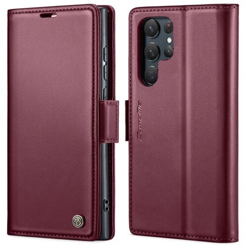 Étui Rfid En Cuir Pour Samsung Galaxy S22 Ultra 5g - Caseme 023 Avec Boucle Papillon Et Texture Litchi, Vin Rouge