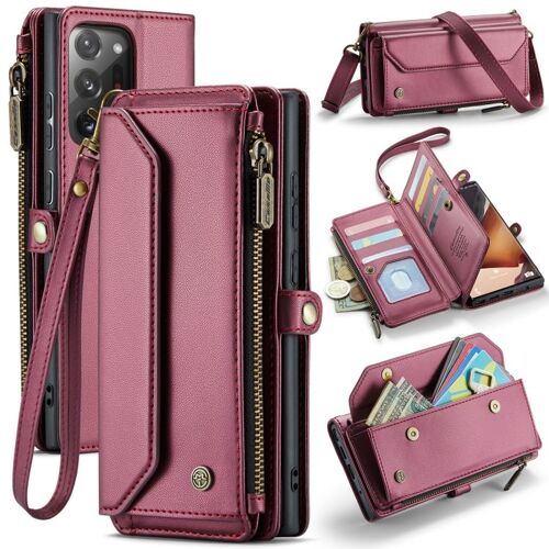 Étui Portefeuille Cuir Rfid Pour Samsung Galaxy Note 20 Ultra Avec Emplacements Pour Cartes Et Fermeture Éclair, Vin Rouge